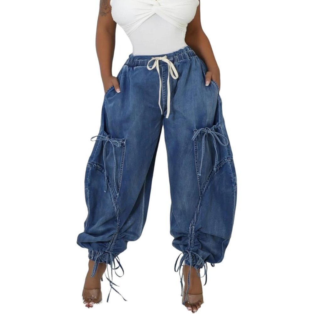 Women Baggy Wide Leg Jeans High Waist Drawstring Casual Y2K Cargo